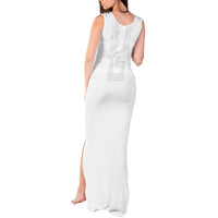 Philippines Barong Style Tank Maxi Dress with Polynesian Art and Leaf Motif White Color