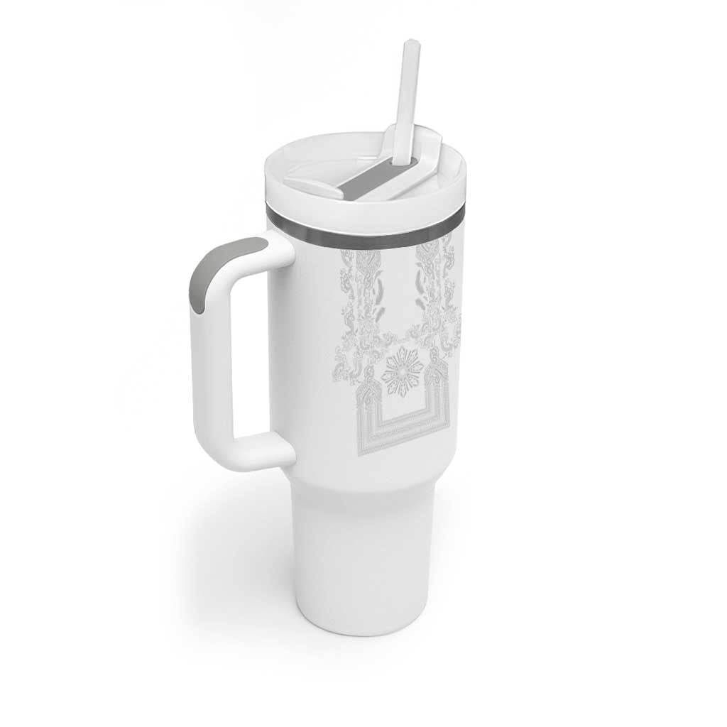 Philippines Barong Style Tumbler With Handle with Polynesian Art and Leaf Motif White Color