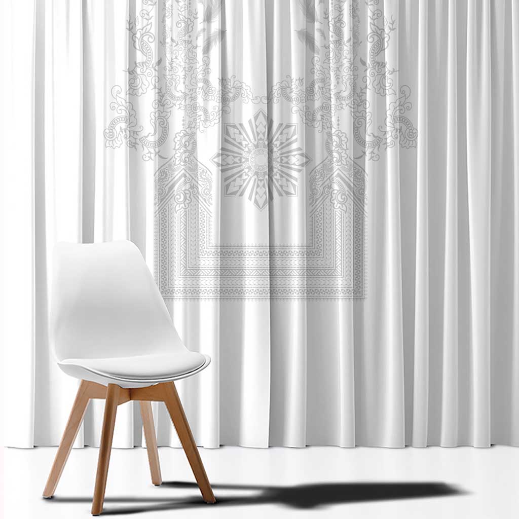 Philippines Barong Style Window Curtain with Polynesian Art and Leaf Motif White Color