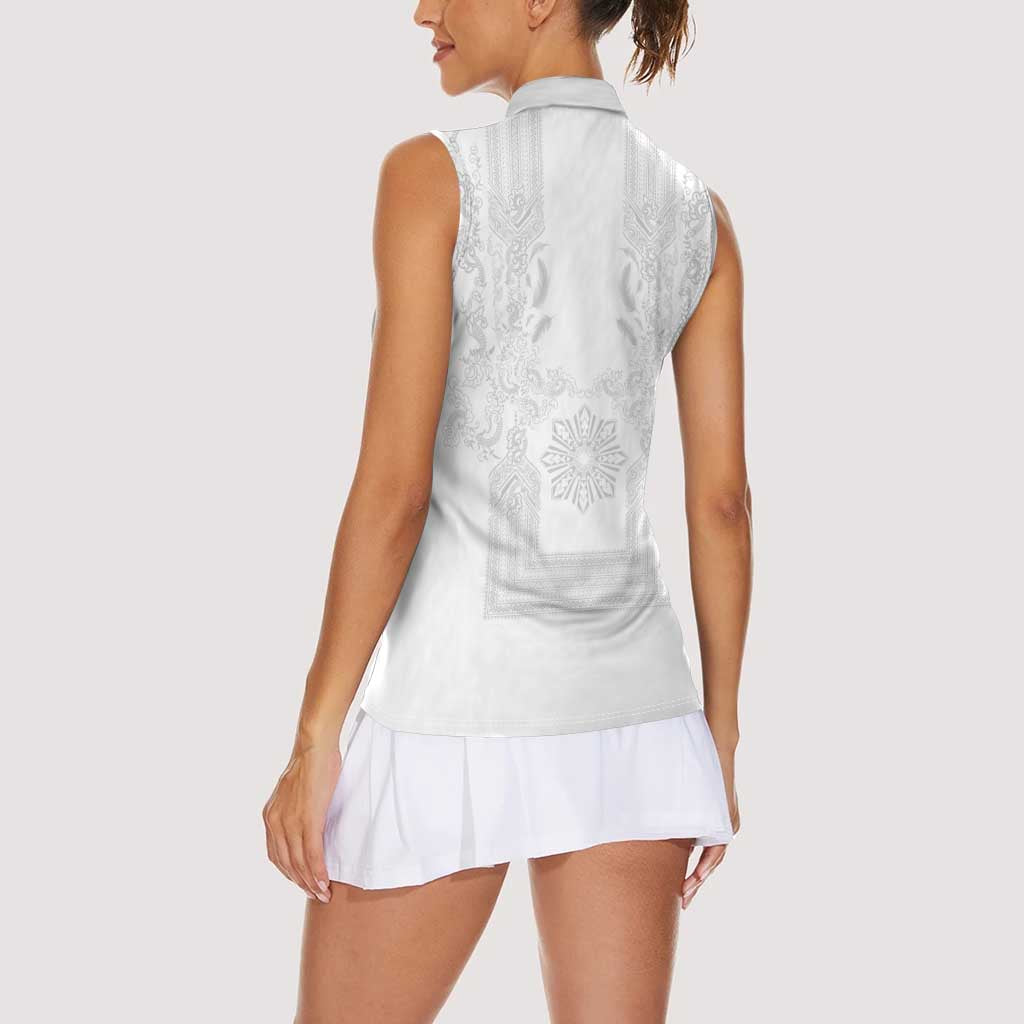 Philippines Barong Style Women Sleeveless Polo Shirt with Polynesian Art and Leaf Motif White Color