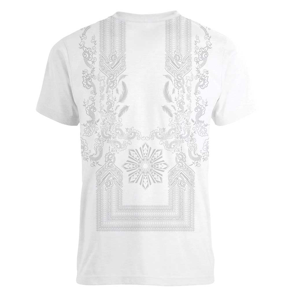 Philippines Barong Style Women V-Neck T-Shirt with Polynesian Art and Leaf Motif White Color