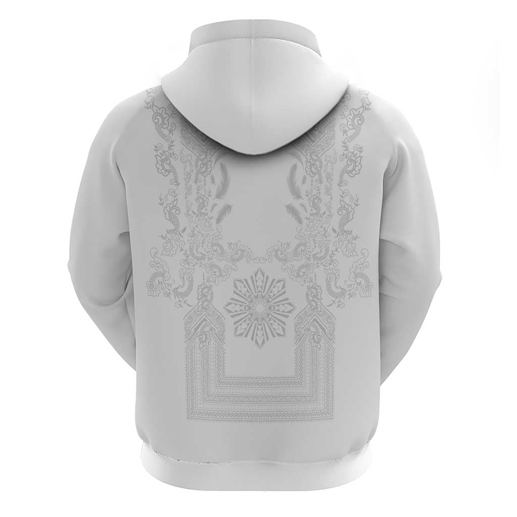 Philippines Barong Style Zip Hoodie with Polynesian Art and Leaf Motif White Color