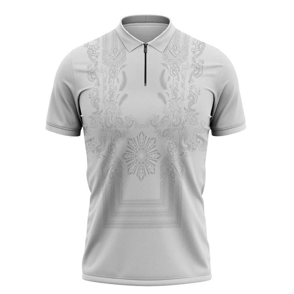Philippines Barong Style Zipper Polo Shirt with Polynesian Art and Leaf Motif White Color