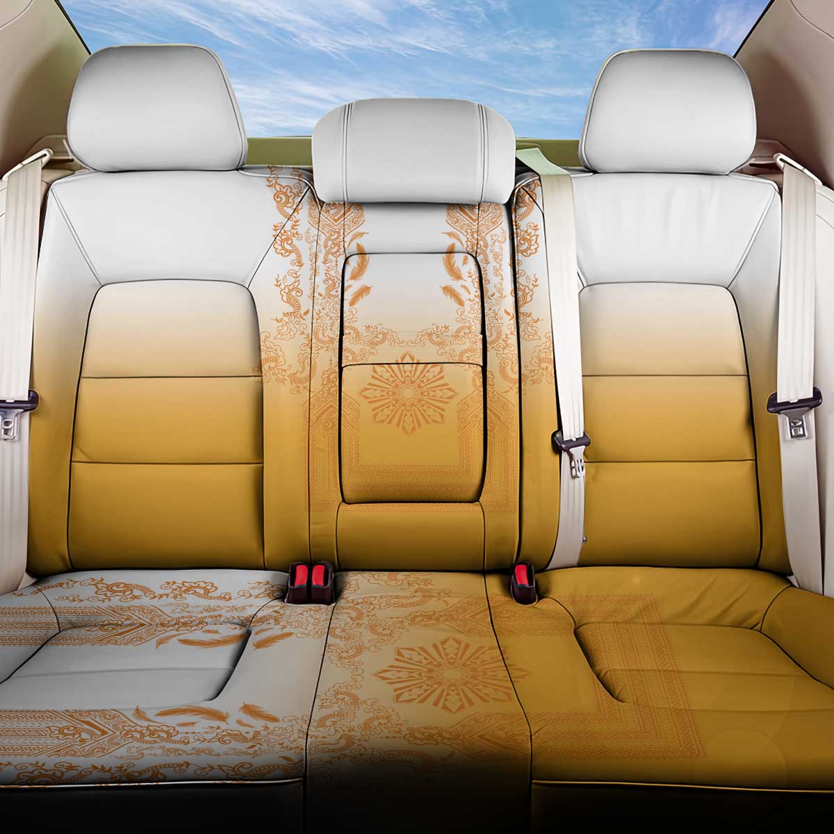 Philippines Barong Style Back Car Seat Cover with Polynesian Art and Leaf Motif Yellow Color