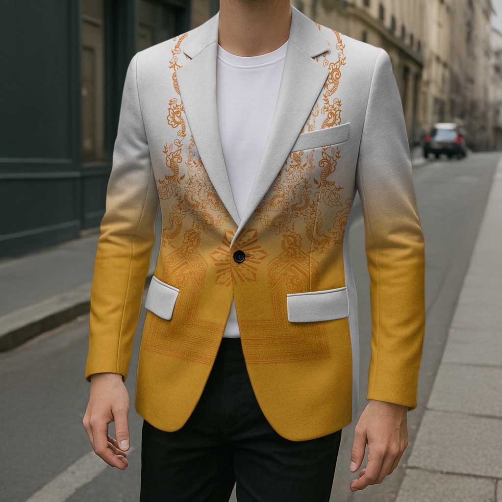 Philippines Barong Style Blazer with Polynesian Art and Leaf Motif Yellow Color