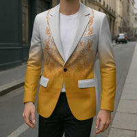 Philippines Barong Style Blazer with Polynesian Art and Leaf Motif Yellow Color