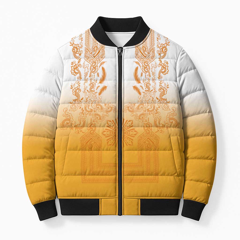 Philippines Barong Style Bomber Puffer Jacket with Polynesian Art and Leaf Motif Yellow Color