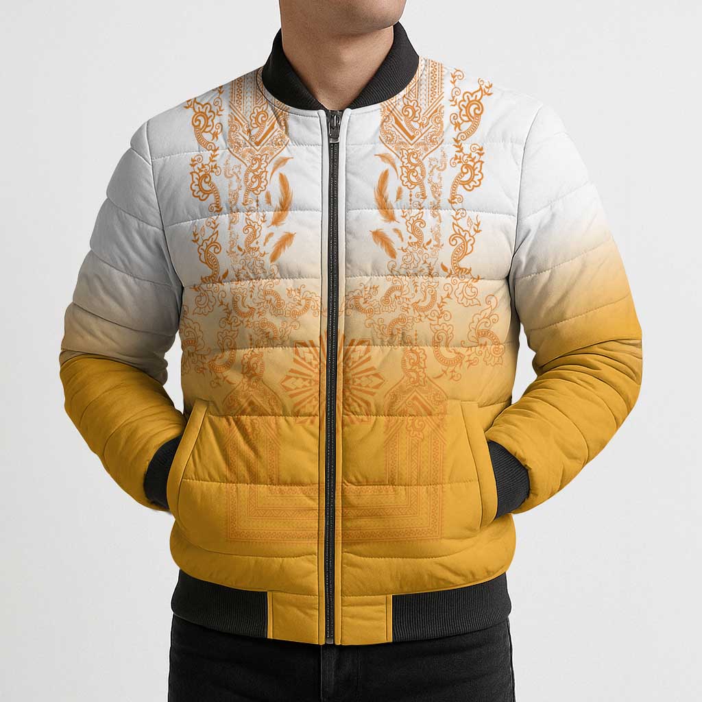 Philippines Barong Style Bomber Puffer Jacket with Polynesian Art and Leaf Motif Yellow Color