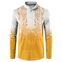 Philippines Barong Style Button Sweatshirt with Polynesian Art and Leaf Motif Yellow Color