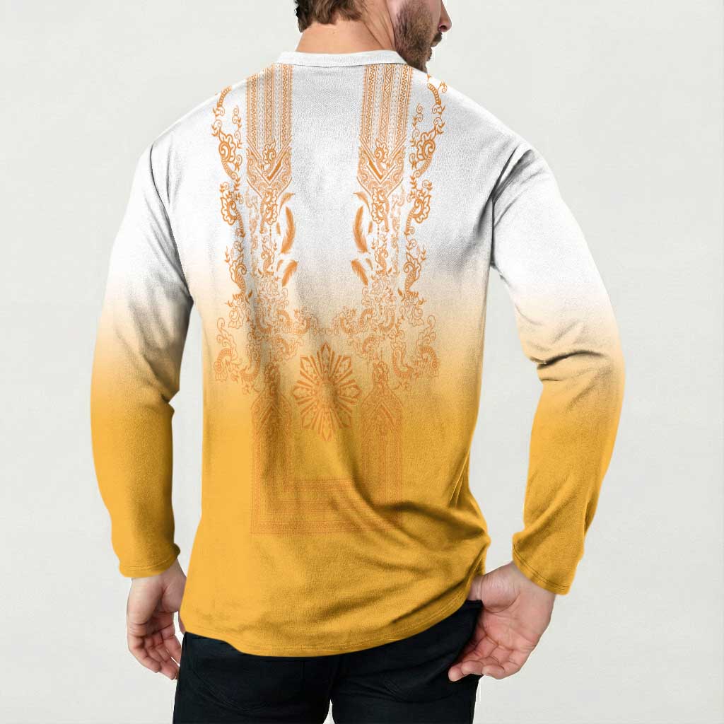 Philippines Barong Style Button Sweatshirt with Polynesian Art and Leaf Motif Yellow Color