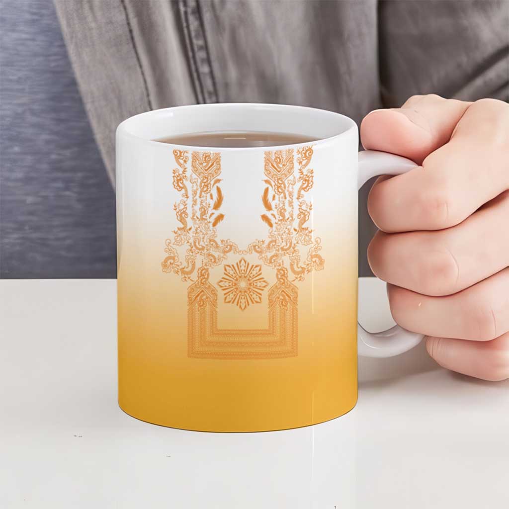Philippines Barong Style Ceramic Mug with Polynesian Art and Leaf Motif Yellow Color