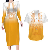 Philippines Barong Style Couples Matching Long Sleeve Bodycon Dress and Hawaiian Shirt with Polynesian Art and Leaf Motif Yellow Color LT03 Yellow - Polynesian Pride