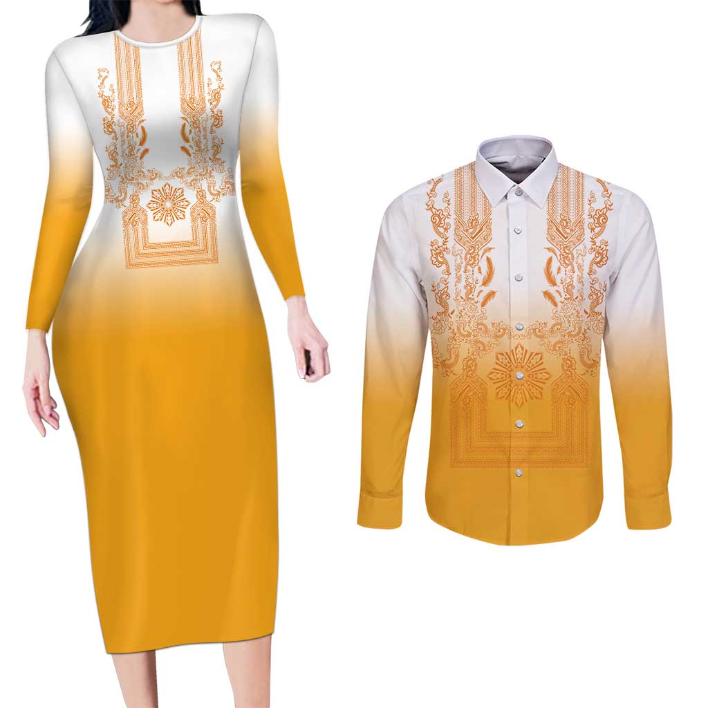 Philippines Barong Style Couples Matching Long Sleeve Bodycon Dress and Long Sleeve Button Shirt with Polynesian Art and Leaf Motif Yellow Color LT03 Yellow - Polynesian Pride