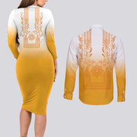 Philippines Barong Style Couples Matching Long Sleeve Bodycon Dress and Long Sleeve Button Shirt with Polynesian Art and Leaf Motif Yellow Color LT03 - Polynesian Pride