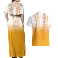 Philippines Barong Style Couples Matching Off Shoulder Maxi Dress and Hawaiian Shirt with Polynesian Art and Leaf Motif Yellow Color