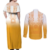 Philippines Barong Style Couples Matching Off Shoulder Maxi Dress and Long Sleeve Button Shirt with Polynesian Art and Leaf Motif Yellow Color