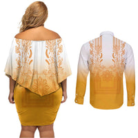 Philippines Barong Style Couples Matching Off Shoulder Short Dress and Long Sleeve Button Shirt with Polynesian Art and Leaf Motif Yellow Color