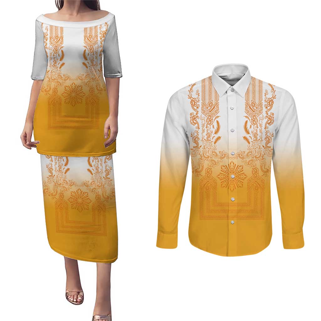 Philippines Barong Style Couples Matching Puletasi and Long Sleeve Button Shirt with Polynesian Art and Leaf Motif Yellow Color