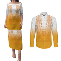 Philippines Barong Style Couples Matching Puletasi and Long Sleeve Button Shirt with Polynesian Art and Leaf Motif Yellow Color