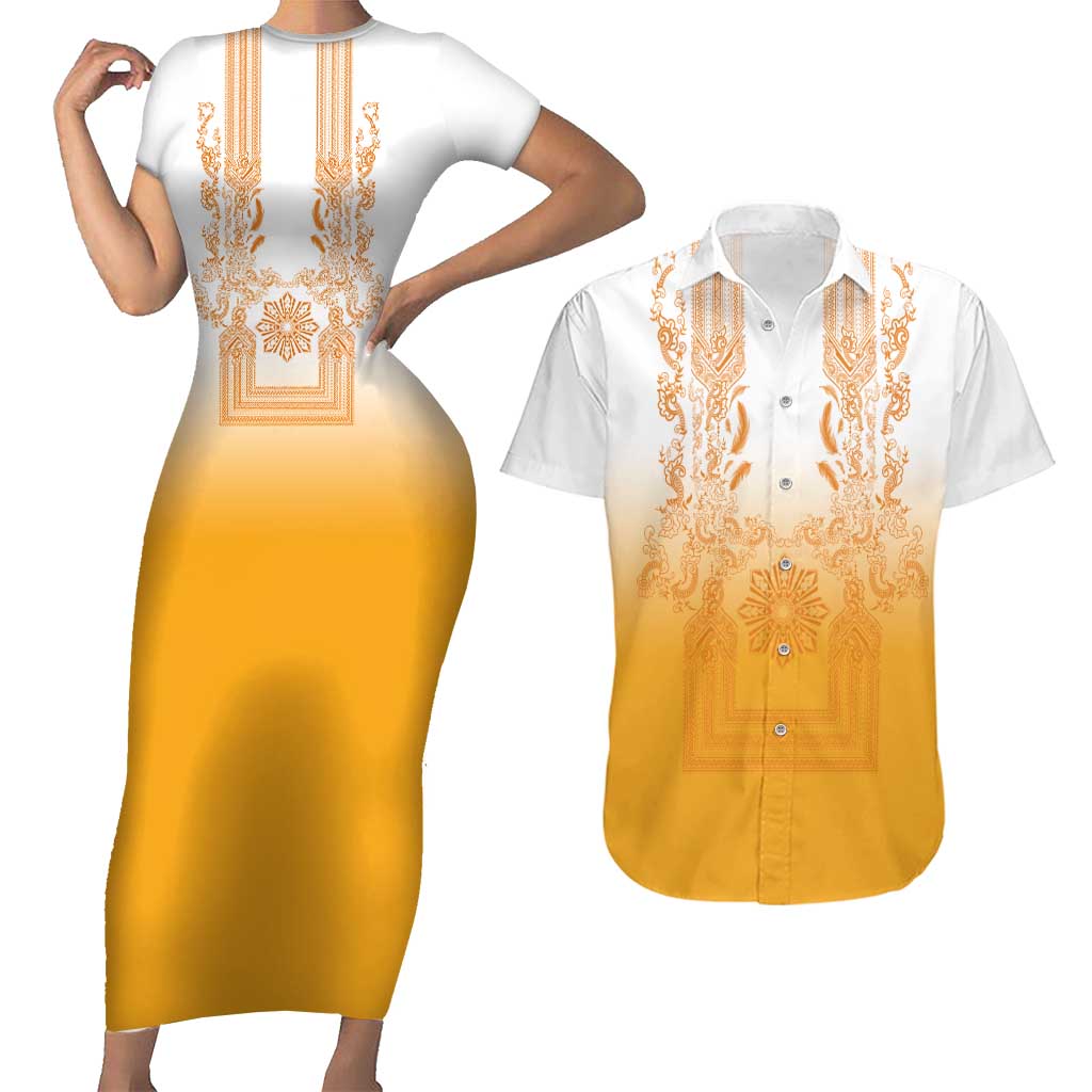 Philippines Barong Style Couples Matching Short Sleeve Bodycon Dress and Hawaiian Shirt with Polynesian Art and Leaf Motif Yellow Color