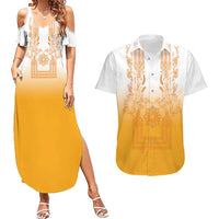 Philippines Barong Style Couples Matching Summer Maxi Dress and Hawaiian Shirt with Polynesian Art and Leaf Motif Yellow Color