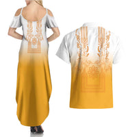 Philippines Barong Style Couples Matching Summer Maxi Dress and Hawaiian Shirt with Polynesian Art and Leaf Motif Yellow Color