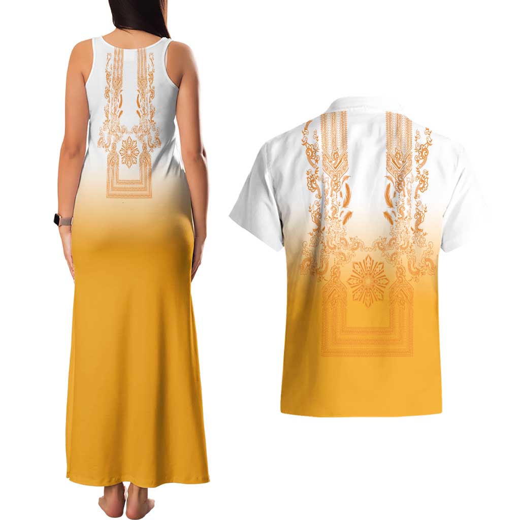 Philippines Barong Style Couples Matching Tank Maxi Dress and Hawaiian Shirt with Polynesian Art and Leaf Motif Yellow Color LT03 - Polynesian Pride