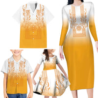 Philippines Barong Style Family Matching Long Sleeve Bodycon Dress and Hawaiian Shirt with Polynesian Art and Leaf Motif Yellow Color LT03 - Polynesian Pride