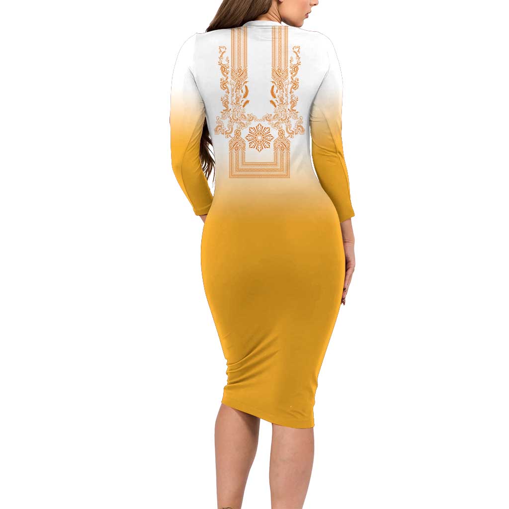 Philippines Barong Style Family Matching Long Sleeve Bodycon Dress and Hawaiian Shirt with Polynesian Art and Leaf Motif Yellow Color LT03 - Polynesian Pride