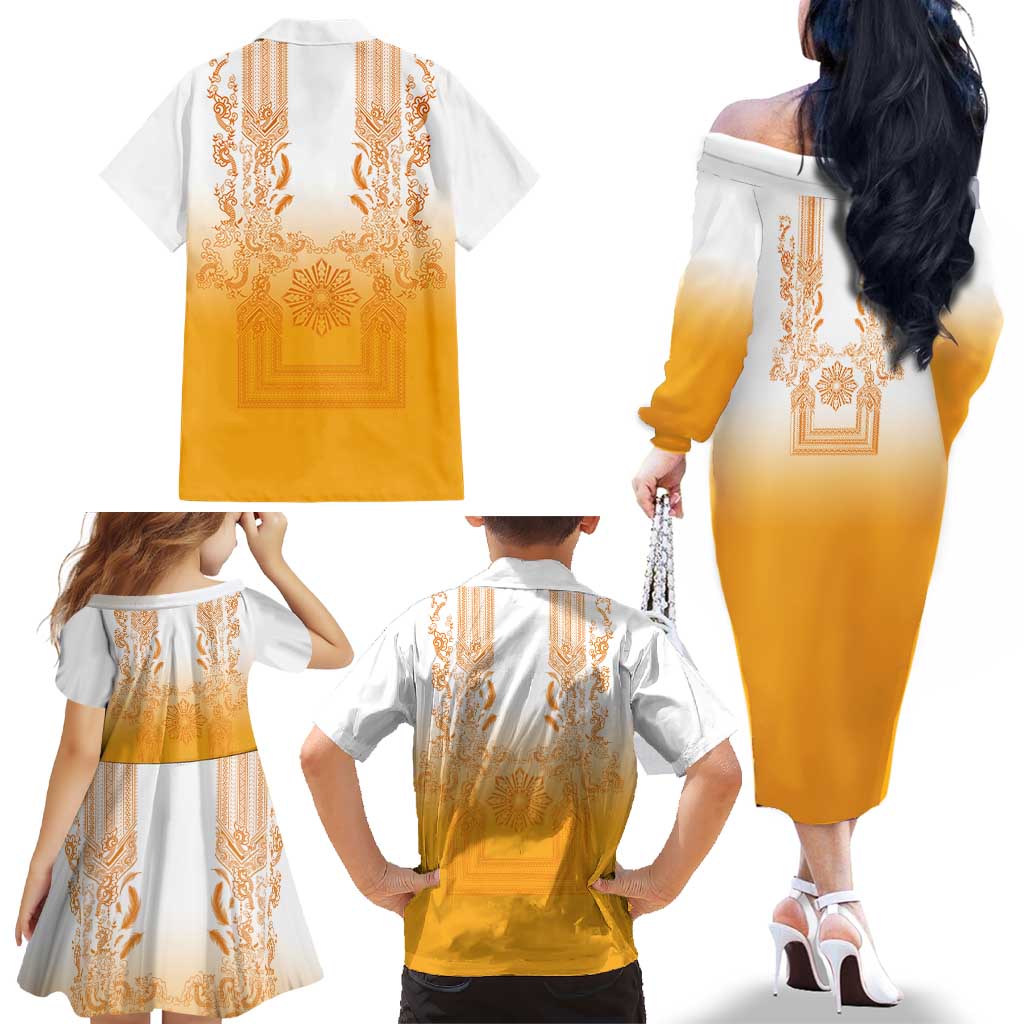 Philippines Barong Style Family Matching Off The Shoulder Long Sleeve Dress and Hawaiian Shirt with Polynesian Art and Leaf Motif Yellow Color LT03 - Polynesian Pride