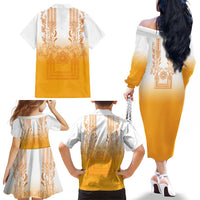 Philippines Barong Style Family Matching Off The Shoulder Long Sleeve Dress and Hawaiian Shirt with Polynesian Art and Leaf Motif Yellow Color LT03 - Polynesian Pride