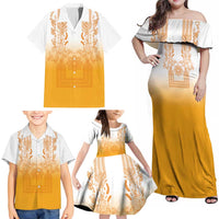 Philippines Barong Style Family Matching Off Shoulder Maxi Dress and Hawaiian Shirt with Polynesian Art and Leaf Motif Yellow Color LT03 - Polynesian Pride