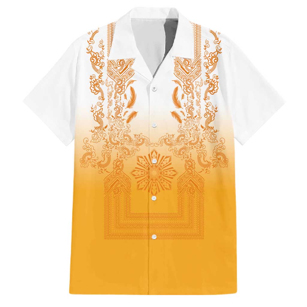 Philippines Barong Style Family Matching Off Shoulder Maxi Dress and Hawaiian Shirt with Polynesian Art and Leaf Motif Yellow Color LT03 Dad's Shirt - Short Sleeve Yellow - Polynesian Pride