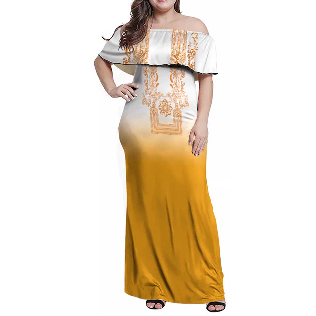 Philippines Barong Style Family Matching Off Shoulder Maxi Dress and Hawaiian Shirt with Polynesian Art and Leaf Motif Yellow Color LT03 Mom's Dress Yellow - Polynesian Pride