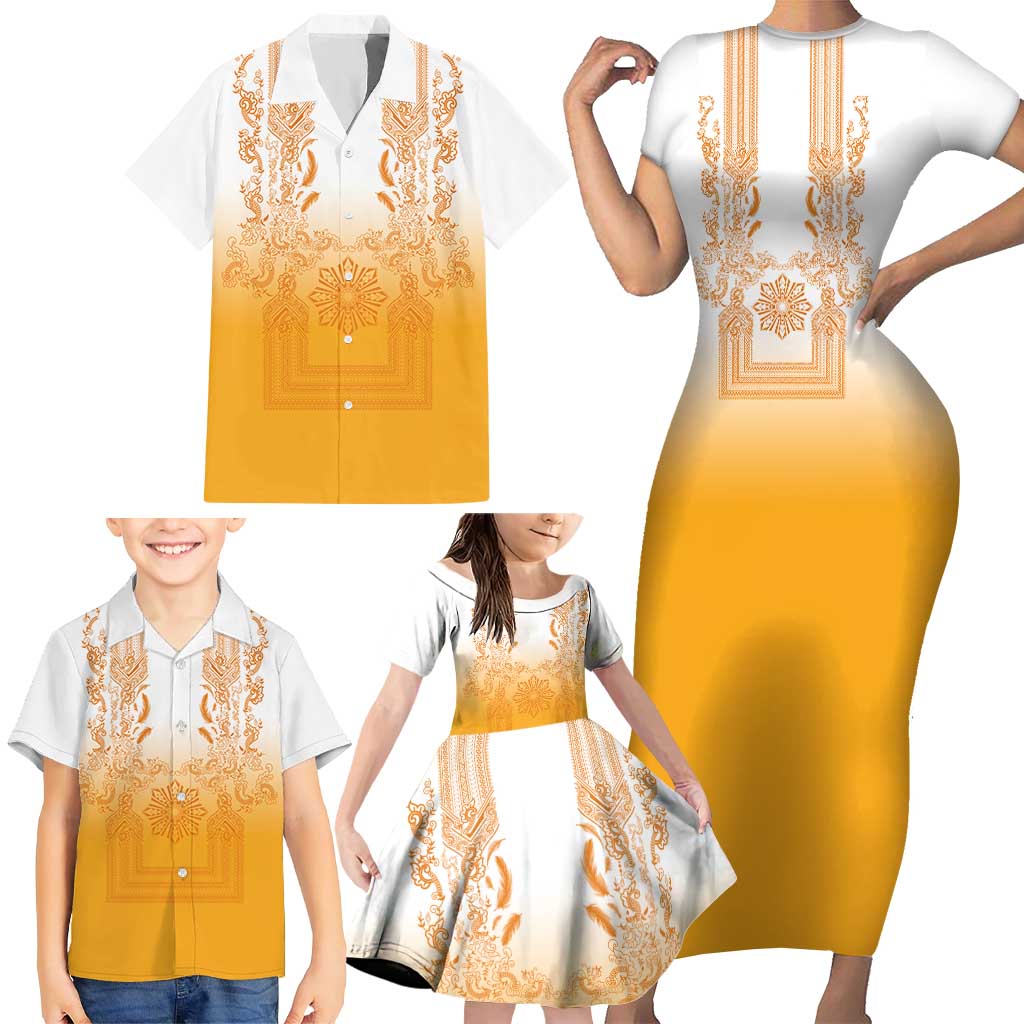 Philippines Barong Style Family Matching Short Sleeve Bodycon Dress and Hawaiian Shirt with Polynesian Art and Leaf Motif Yellow Color