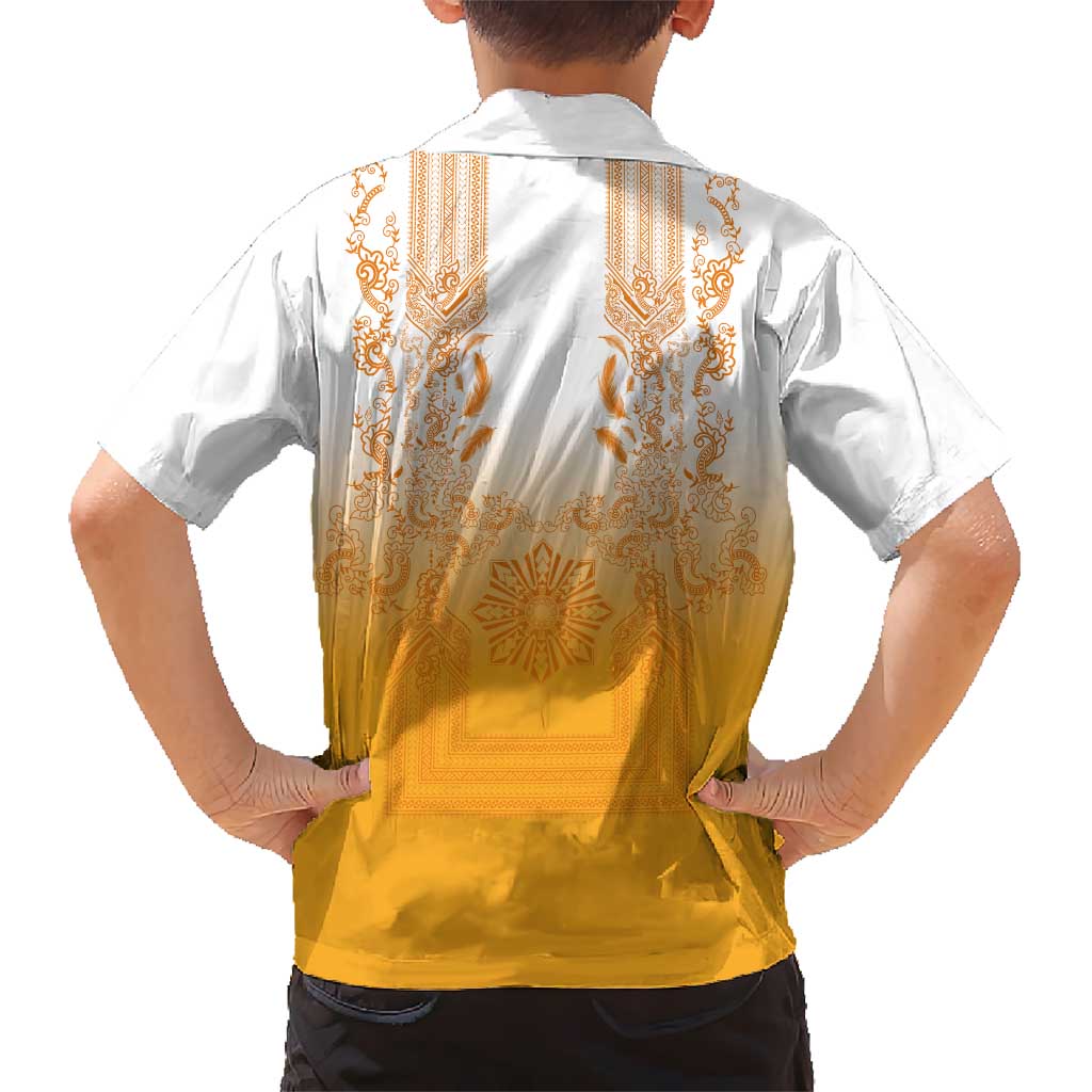 Philippines Barong Style Family Matching Summer Maxi Dress and Hawaiian Shirt with Polynesian Art and Leaf Motif Yellow Color LT03 - Polynesian Pride