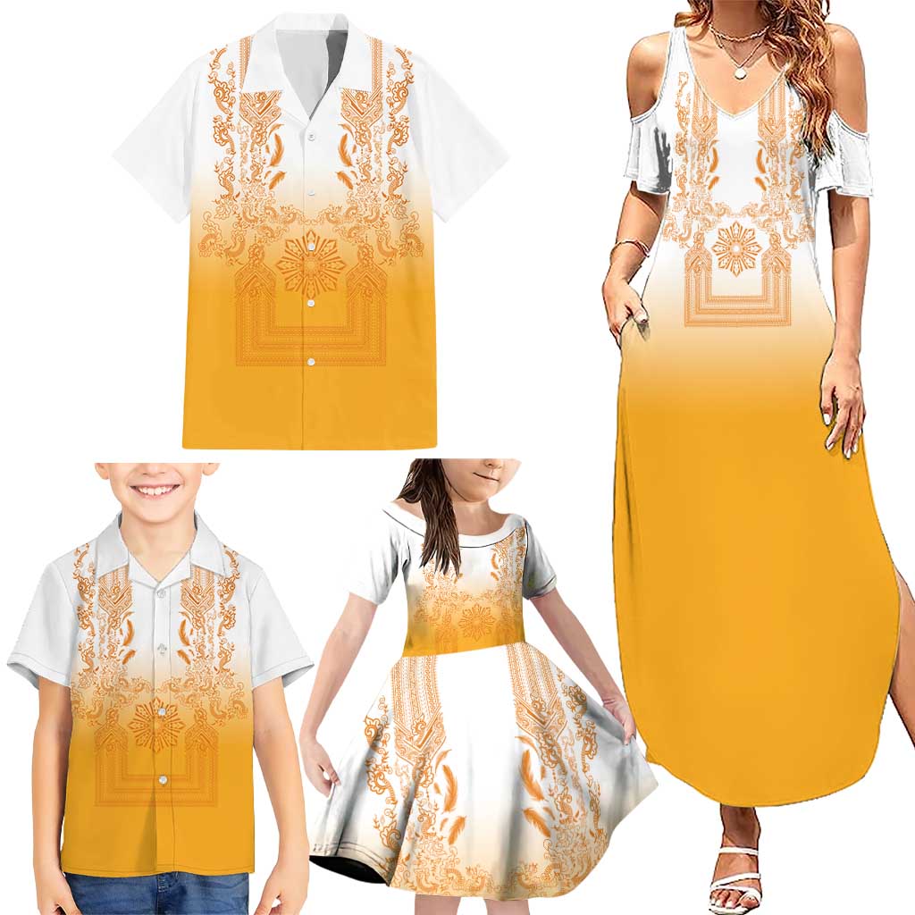 Philippines Barong Style Family Matching Summer Maxi Dress and Hawaiian Shirt with Polynesian Art and Leaf Motif Yellow Color