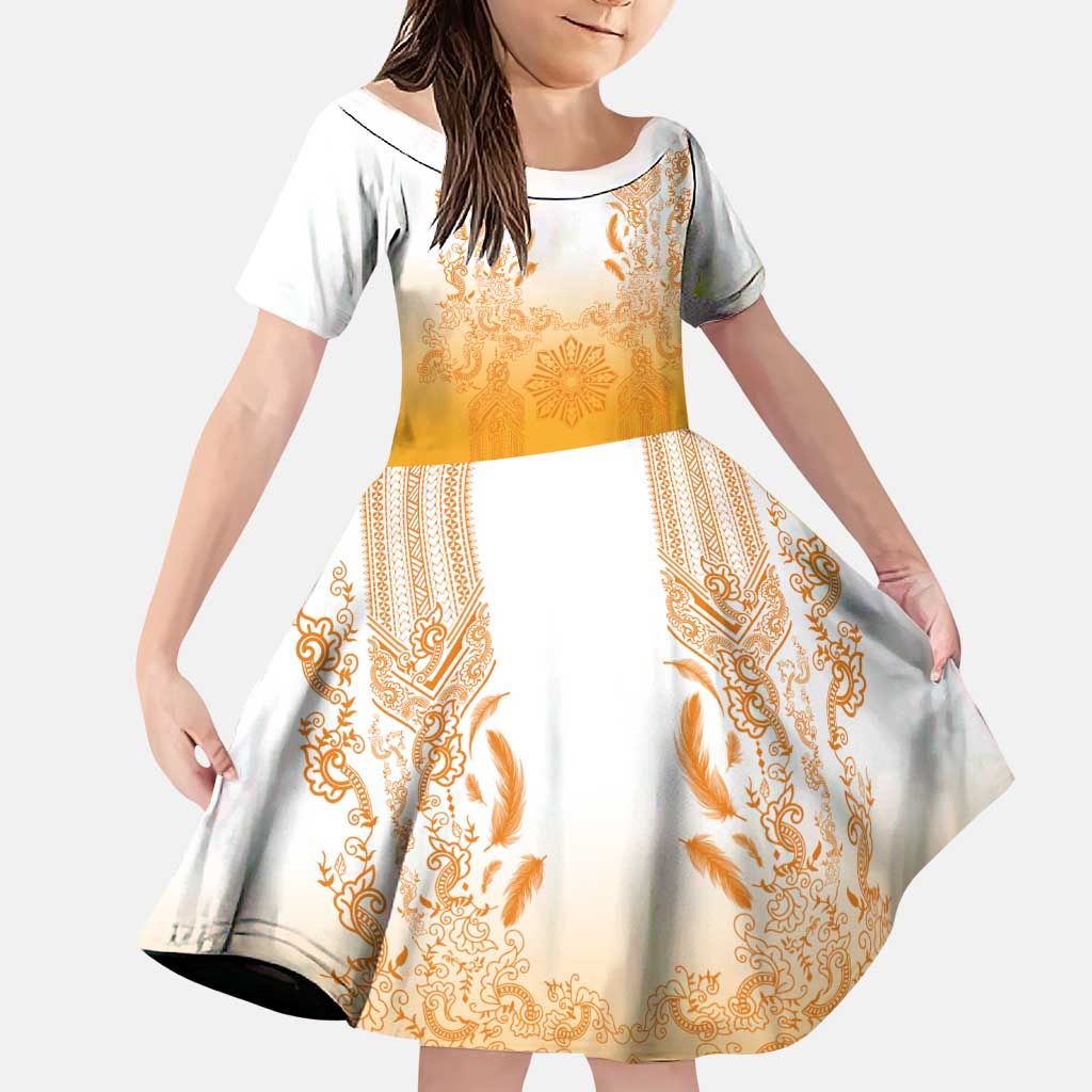 Philippines Barong Style Family Matching Tank Maxi Dress and Hawaiian Shirt with Polynesian Art and Leaf Motif Yellow Color LT03 Daughter's Dress Yellow - Polynesian Pride