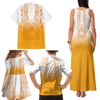 Philippines Barong Style Family Matching Tank Maxi Dress and Hawaiian Shirt with Polynesian Art and Leaf Motif Yellow Color LT03 - Polynesian Pride