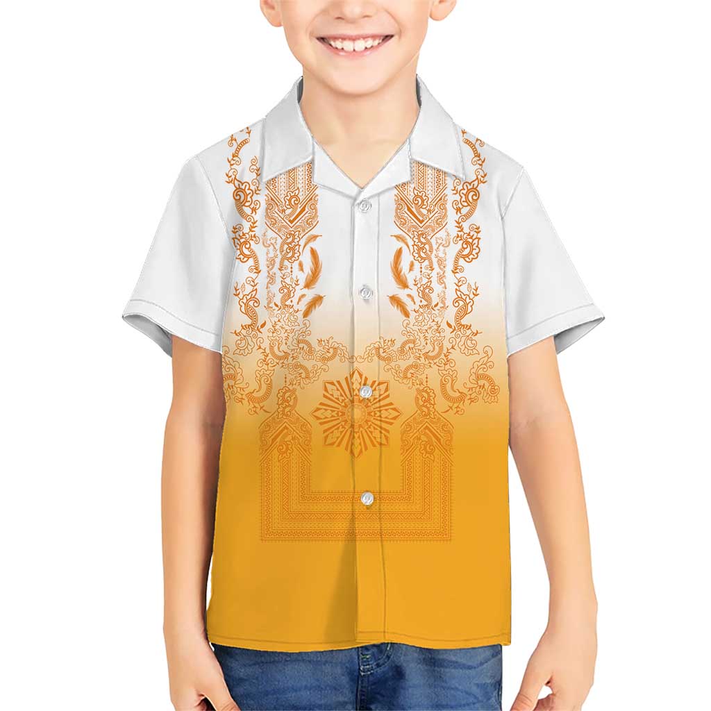 Philippines Barong Style Hawaiian Shirt with Polynesian Art and Leaf Motif Yellow Color