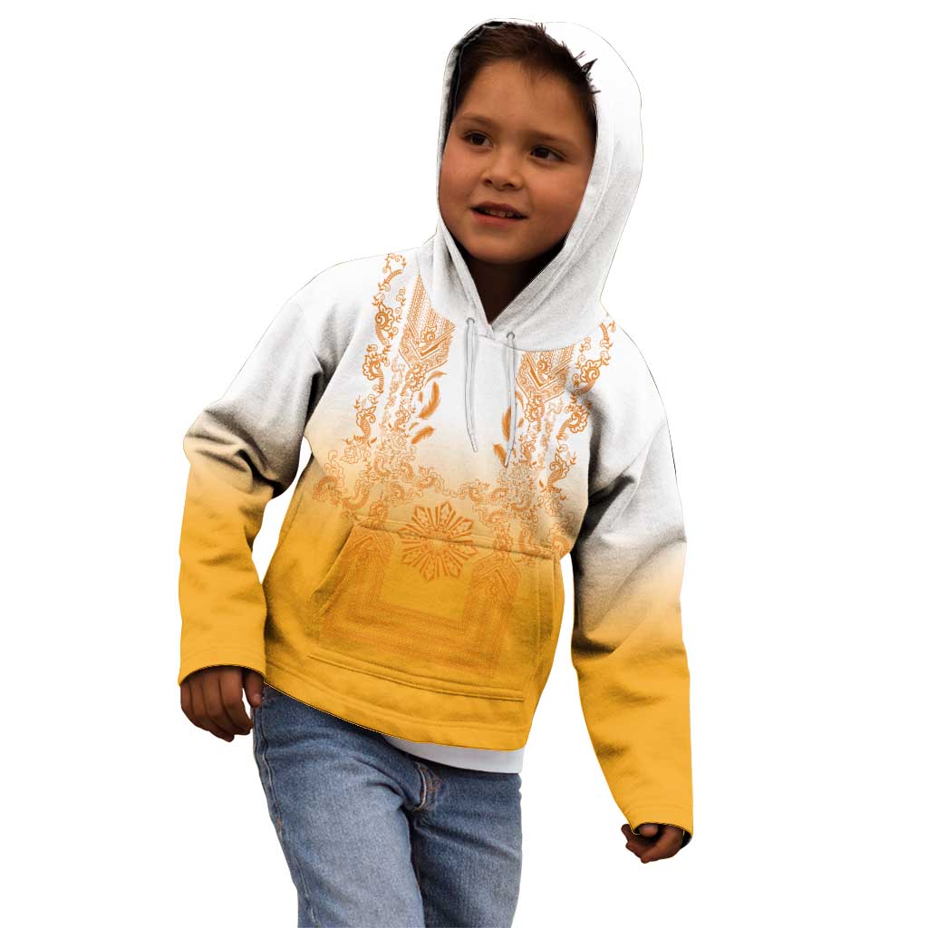 Philippines Barong Style Kid Hoodie with Polynesian Art and Leaf Motif Yellow Color