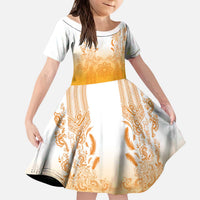 Philippines Barong Style Kid Short Sleeve Dress with Polynesian Art and Leaf Motif Yellow Color