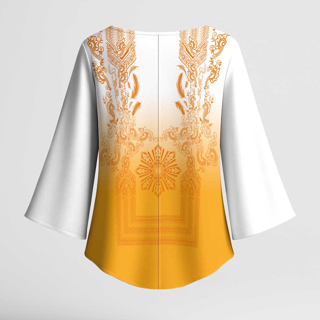 Philippines Barong Style Kimono Sleeve Blouse with Polynesian Art and Leaf Motif Yellow Color