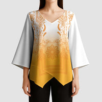 Philippines Barong Style Kimono Sleeve Blouse with Polynesian Art and Leaf Motif Yellow Color