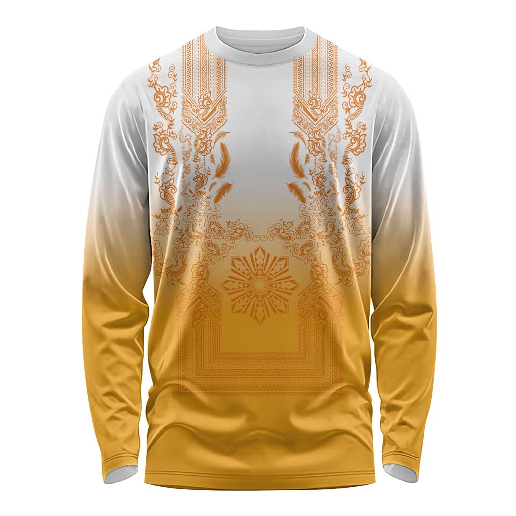 Philippines Barong Style Long Sleeve Shirt with Polynesian Art and Leaf Motif Yellow Color
