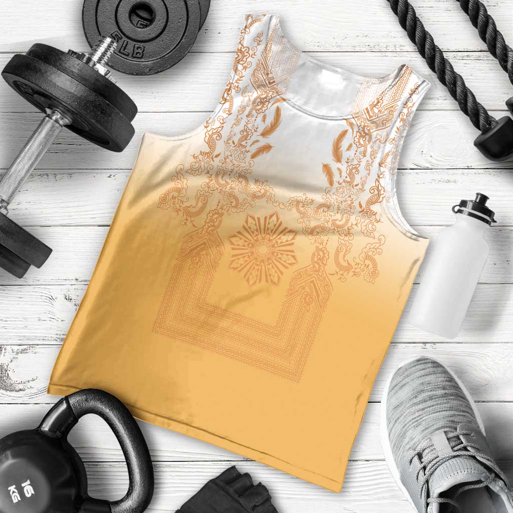 Philippines Barong Style Men Tank Top with Polynesian Art and Leaf Motif Yellow Color