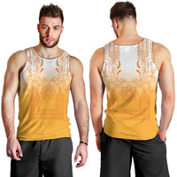Philippines Barong Style Men Tank Top with Polynesian Art and Leaf Motif Yellow Color
