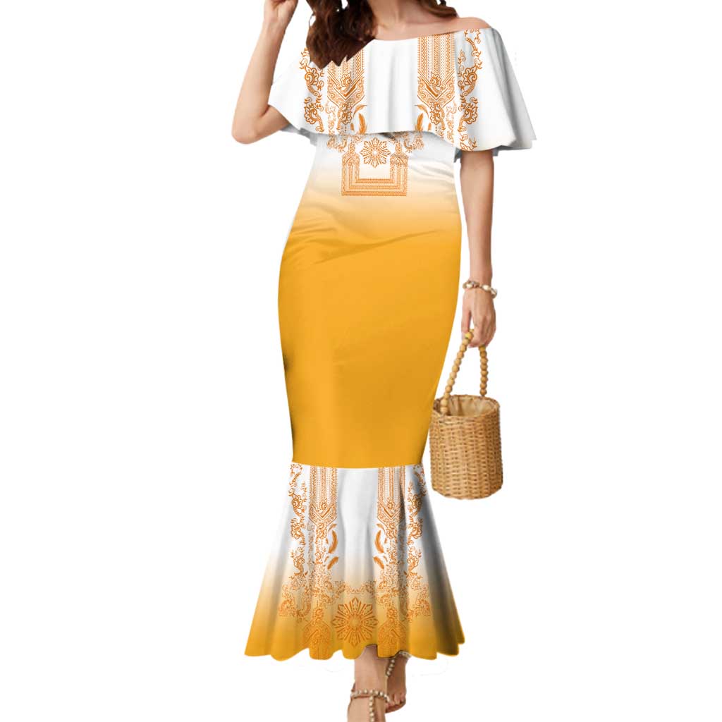 Philippines Barong Style Mermaid Dress with Polynesian Art and Leaf Motif Yellow Color