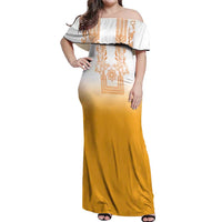 Philippines Barong Style Off Shoulder Maxi Dress with Polynesian Art and Leaf Motif Yellow Color