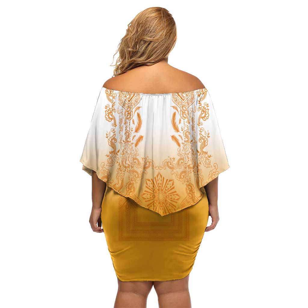 Philippines Barong Style Off Shoulder Short Dress with Polynesian Art and Leaf Motif Yellow Color